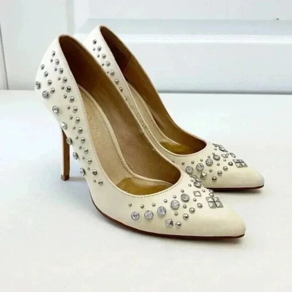 Aldo Cream Leather Pumps Pointed Toe High Heel Rhinestone Studded Stiletto 7.5 - Picture 3 of 16